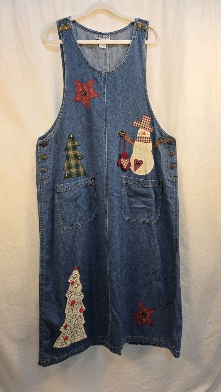 Vintage Haik's Women's 16W Denim Overall Dress Snowman Christmas 100% Cotton '90